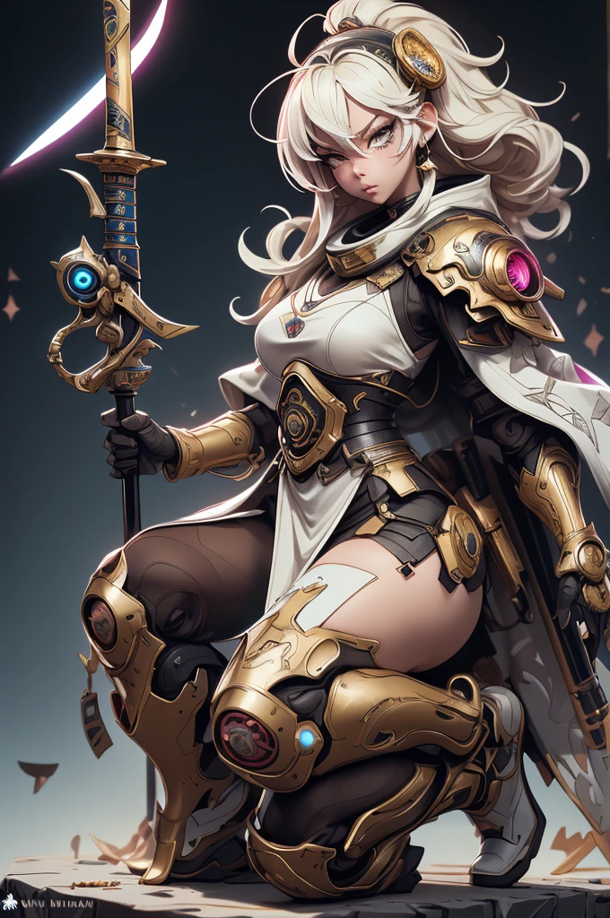 ((Best quality)), ((Masterpiece)), ((Realstic)) and ultra-detailed pchaudography, Tsuande, Pretty Girl Tsuna Jolie fille, cheveux jaune clair, parti, neon light. Elle a ((cheveux blanc)), porte un (Top Tech-Wear) et un (corde noire, motif rouge:1.2) , ((beautiful and aesthetic)), sexy, gros seins, chaud, grosse poitrine, Eigaka E6 A nomadic robot, in the desert, wearing a messy shawl, holding a staff, wearing a large metal hat, rough, rusty, dusty body, thin frame, tall, cyberpunk, Cyborg., Session surreal version of a woman kneeling on one knee holding a sword in her hand, very beautiful cyberpunk samurai, anime cyberpunk art, cyberpunk samurai, cyberpunk anime art, cyberpunk anime, cgsociety 9, technical cyberpunk anime art number, style by maciej kuciara.1girl, samurai armor, demon mask helmet, intricate ornaments, details, cool colors, metal, Egyptian details, extremely intricate details, lighting glossy realistic, trends in cgs society, glowing eyes, facing camera, neon details, surreal details, full body portraits, Japanese atmosphere, global illumination, shadows, Octane rendering, 8k, super sharp. cool ta.