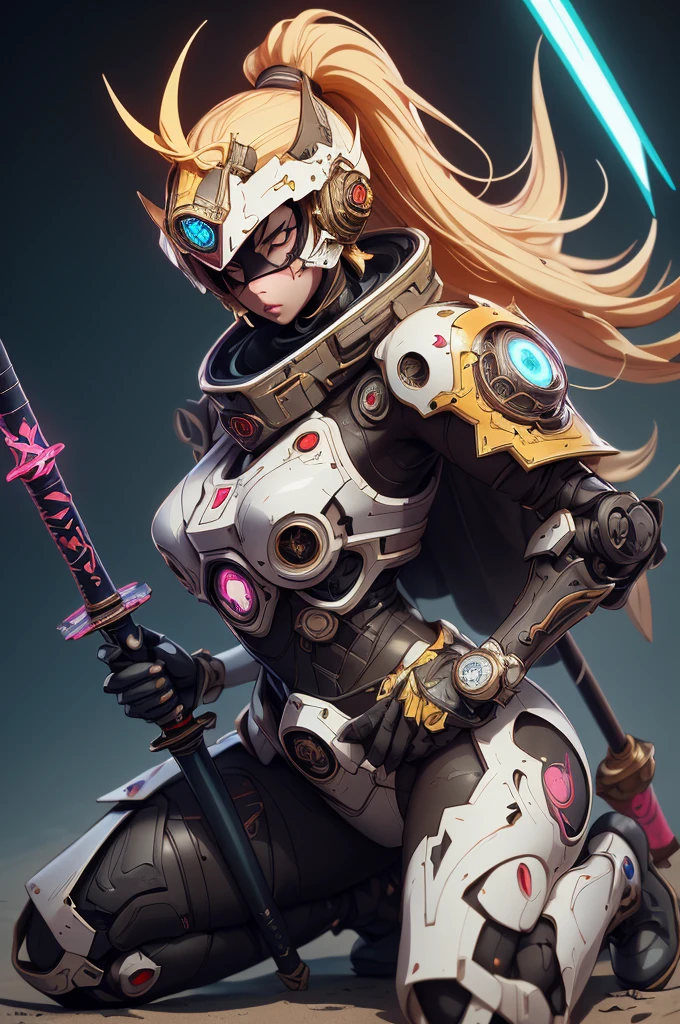 ((Best quality)), ((Masterpiece)), ((Realstic)) and ultra-detailed pchaudography, Tsuande, Pretty Girl Tsuna Jolie fille, cheveux jaune clair, parti, neon light. Elle a ((cheveux blanc)), porte un (Top Tech-Wear) et un (corde noire, motif rouge:1.2) , ((beautiful and aesthetic)), sexy, gros seins, chaud, grosse poitrine, Eigaka E6 A nomadic robot, in the desert, wearing a messy shawl, holding a staff, wearing a large metal hat, rough, rusty, dusty body, thin frame, tall, cyberpunk, Cyborg., Session surreal version of a woman kneeling on one knee holding a sword in her hand, very beautiful cyberpunk samurai, anime cyberpunk art, cyberpunk samurai, cyberpunk anime art, cyberpunk anime, cgsociety 9, technical cyberpunk anime art number, style by maciej kuciara.1girl, samurai armor, demon mask helmet, intricate ornaments, details, cool colors, metal, Egyptian details, extremely intricate details, lighting glossy realistic, trends in cgs society, glowing eyes, facing camera, neon details, surreal details, full body portraits, Japanese atmosphere, global illumination, shadows, Octane rendering, 8k, super sharp. cool ta.