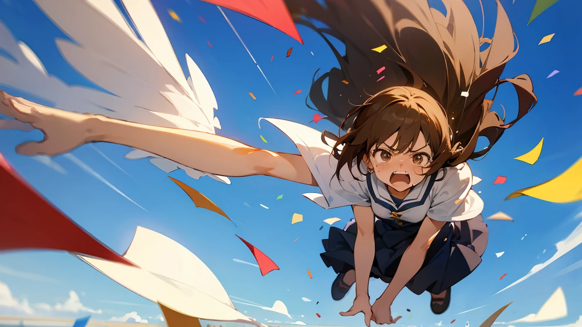 Floatingする女の子,Angry expression,floating,Floating,colorful,Confetti falling,Brown Hair,tears,Feet in the air,Blue sky background,gravity,Swoop