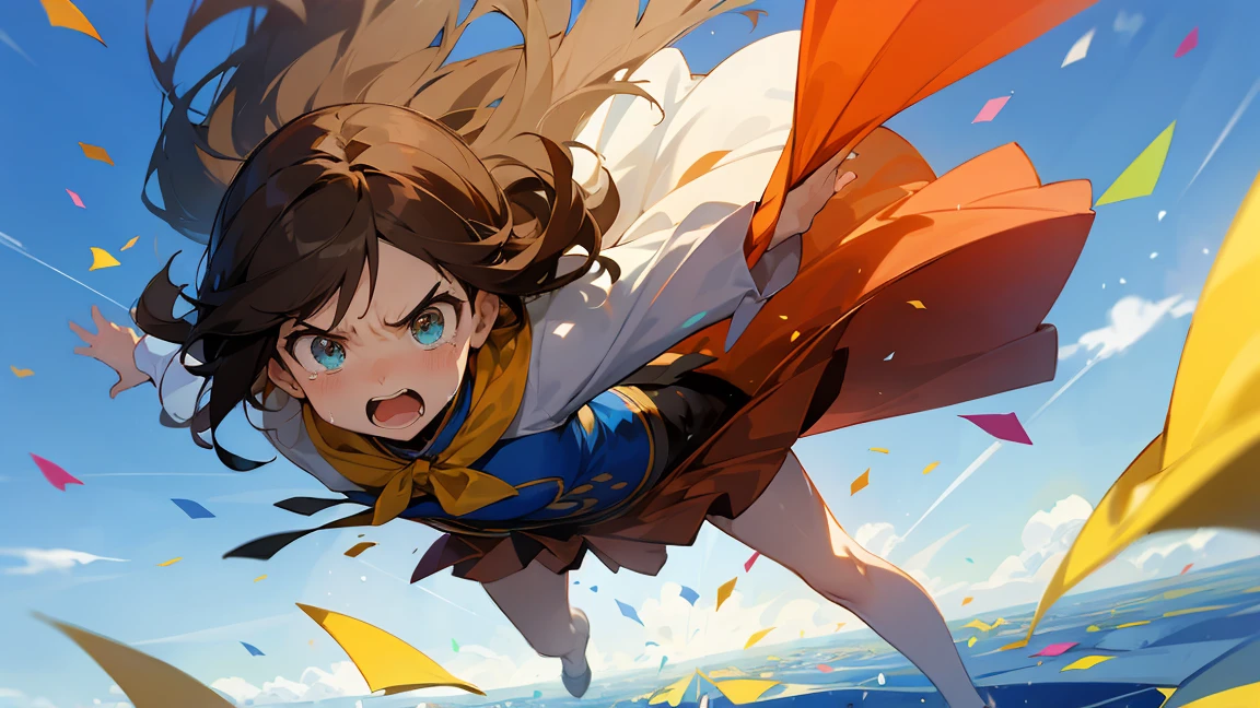 Floatingする女の子,Angry expression，floating，Floating,colorful，Confetti falling，Brown Hair,tears,Feet in the air,Blue sky background,gravity,Swoop