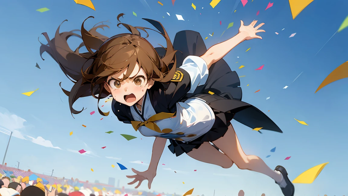 Floatingする女の子,Angry expression,floating,Floating,colorful,Confetti falling,Brown Hair,tears,Feet in the air,Blue sky background,gravity,Swoop