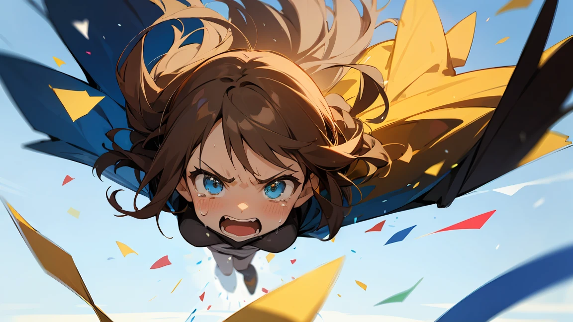 Floatingする***,Angry expression，floating，Floating,colorful，Confetti falling，Brown Hair,tears,Feet in the air,Blue sky background,gravity,Swoop