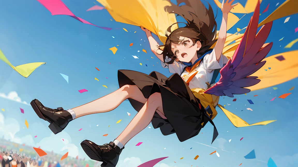 Floatingする女の子,Angry expression,floating,Floating,colorful,Confetti falling,Brown Hair,tears,Feet in the air,Blue sky background,gravity,Swoop