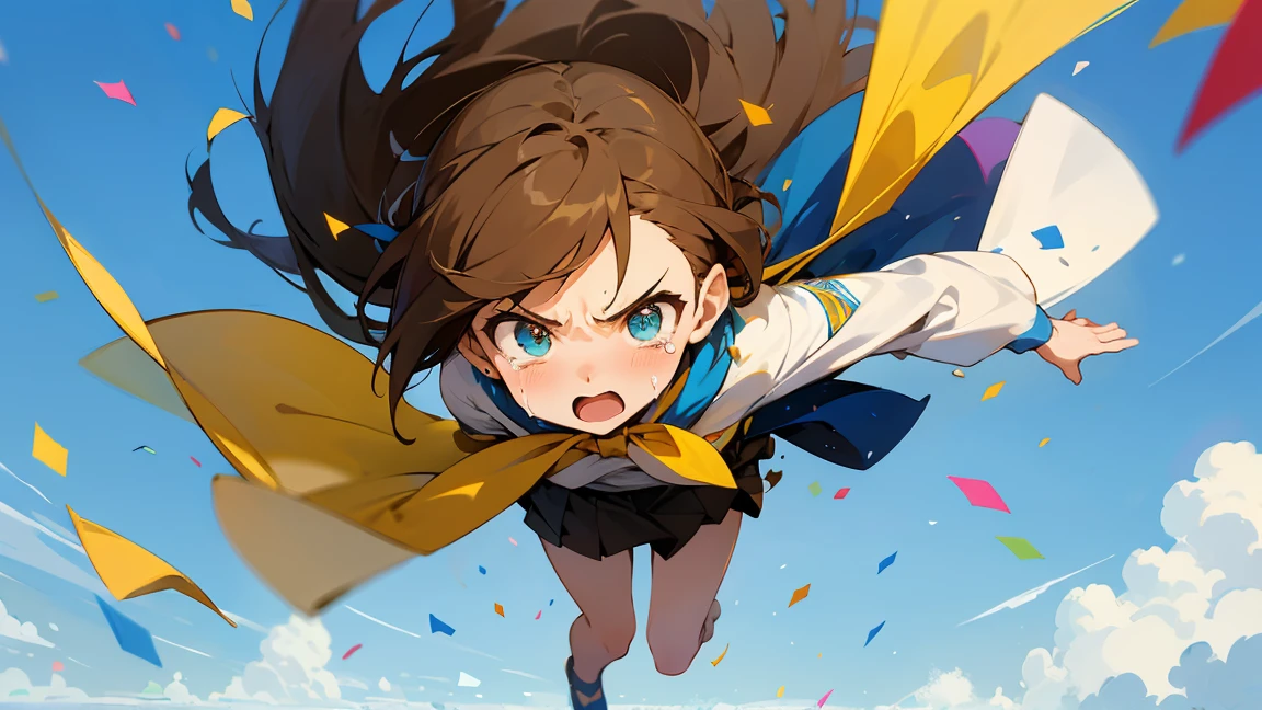 Floatingする***,Angry expression，floating，Floating,colorful，Confetti falling，Brown Hair,tears,Feet in the air,Blue sky background,gravity,Swoop