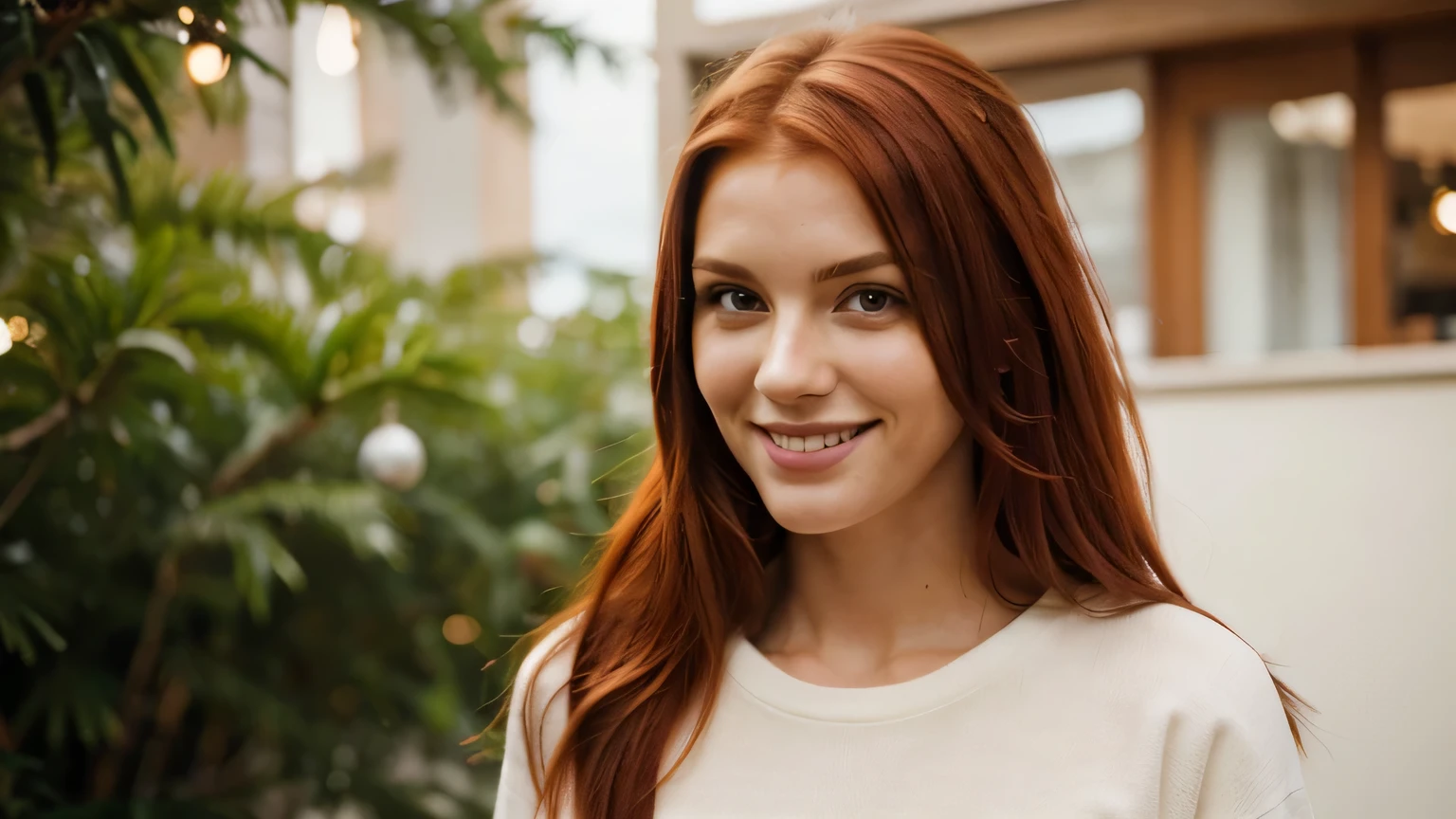 high quality, epic realistic, red hair , tall girl, casual, smile, holidays