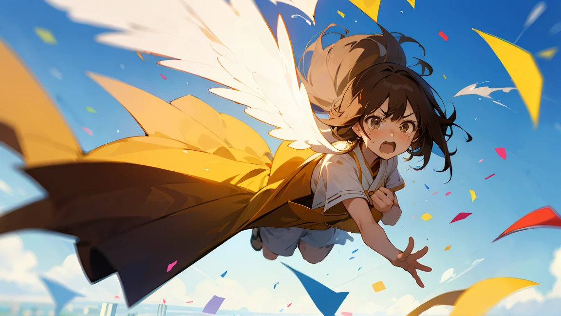 Floatingする***,Angry expression，floating，Floating,colorful，Confetti falling，Brown Hair,tears,Feet in the air,Blue sky background,gravity,Swoop