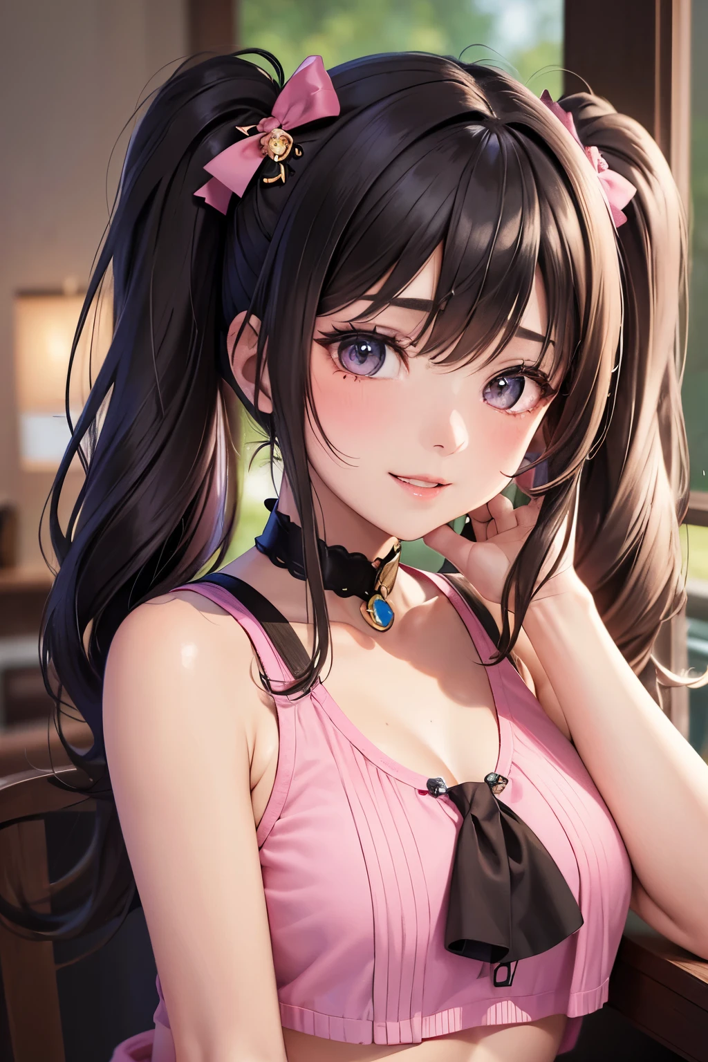 masterpiece, best quality, highly detailed, high resolution, expensive resolution, high resolution, 4k, 8k, uniform 8k wallpaper, highly detailed CG, masterpiece, 2d, 3d, beautiful details, depth, fine texture, best quality: 1.3, perfectly focused, crispy. skin, him, very cute anime girl, name is Mei, short twintails, idol, tank top, denim mini skirt, pink short twintails wearing expensive, mole under eye, looking at the viewer, expensive, blush, mole, parted lips, pink eyes, heart shaped choker, smiling face