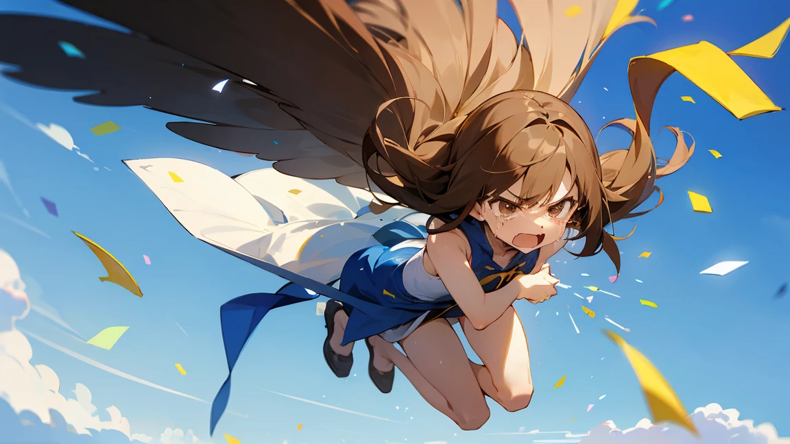 Floatingする女の子,Angry expression,floating,Floating,colorful,Confetti falling,Brown Hair,tears,Feet in the air,Blue sky background,gravity,Swoop