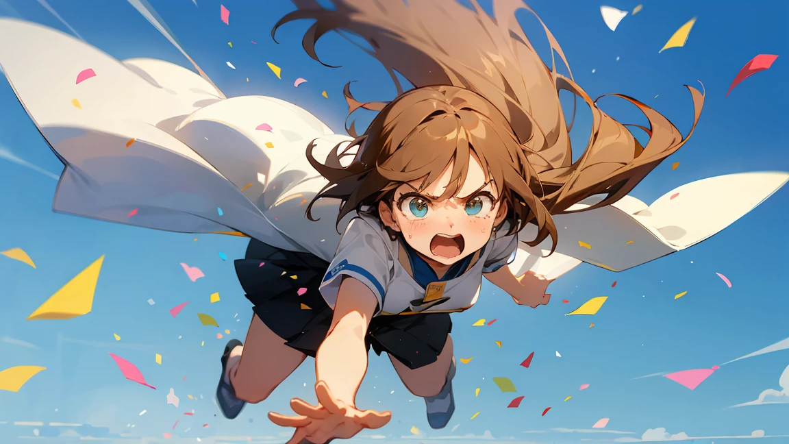 Floatingする女の子,Angry expression,floating,Floating,colorful,Confetti falling,Brown Hair,tears,Feet in the air,Blue sky background,gravity,Swoop