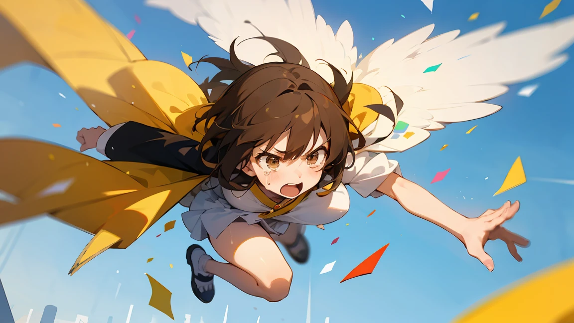 Floatingする女の子,Angry expression,floating,Floating,colorful,Confetti falling,Brown Hair,tears,Feet in the air,Blue sky background,gravity,Swoop