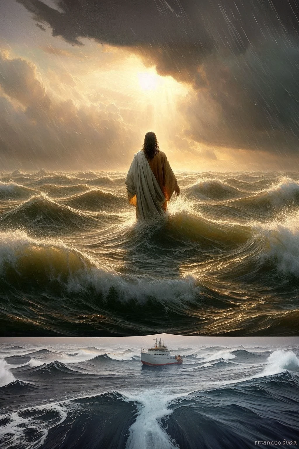 a painting of a ship in the middle of the ocean, a picture, by Francisco Zúñiga, tumblr, romanticism, jesus christ, meme, i_5589.jpeg, after the storm, 2024, foto