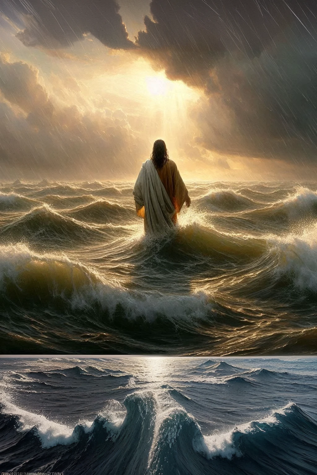 a painting of a ship in the middle of the ocean, a picture, by Francisco Zúñiga, tumblr, romanticism, jesus christ, meme, i_5589.jpeg, after the storm, 2024, foto