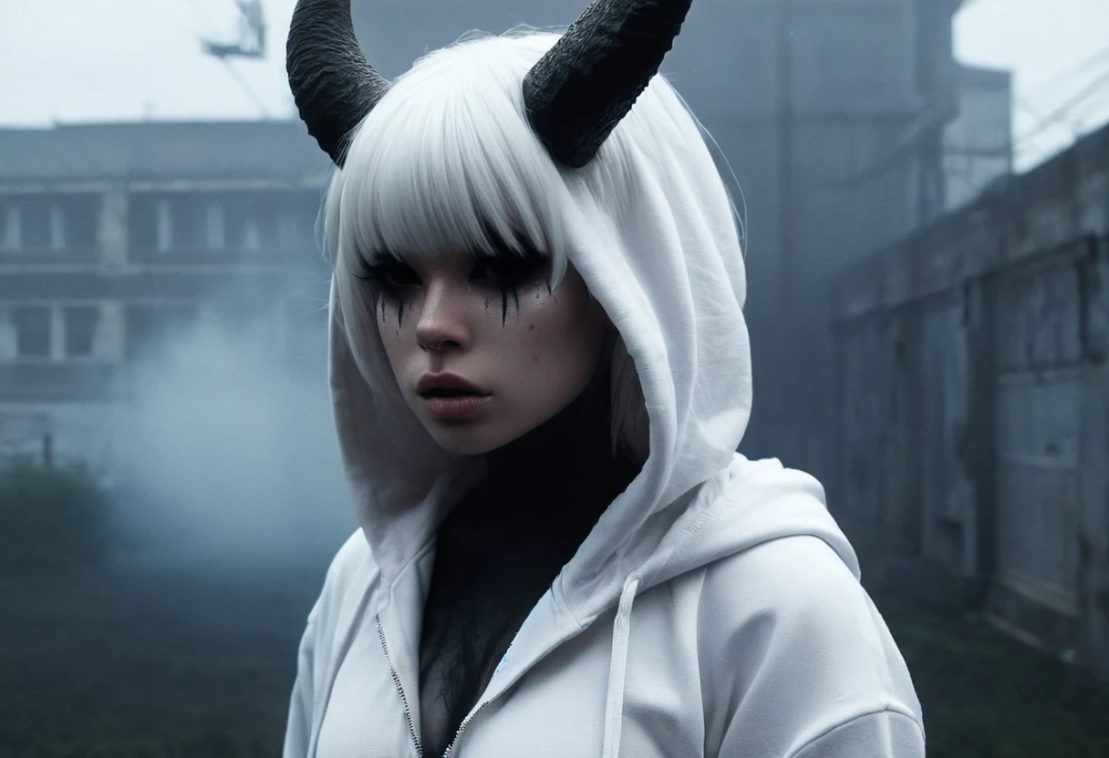 (Highest quality,High resolution,masterpiece, Full body image:1.2),Super detailed,Horned devil woman,Wearing a black hoodie and white panties,Sickly,Set in a horror sci-fi scenario,Horror Sci-Fi Aesthetics,Somber Ecstasy,Fetish,Dark and gloomy atmosphere,Rough texture,Retro feel,Twisted reality,There was a sad look on his face,Mysterious Aura,Foggy atmosphere,Fog Background,Subtle color palette,Provocative pose,Strong emotions,Get out of the depths of despair,Sharp Eyes,Strong Shadows,Falling into darkness,Dark industrial aesthetic,Ominous atmosphere,Supernatural Senses,Loss of place in time and space,Eerie silence.非対称のbangs, freckles, White Short Hair, bangs, freckles, Grey Eyes,