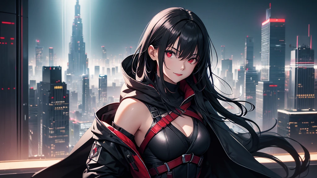 最high resolution,high resolution,Legendary Assassin, Beautiful Teenage Woman,Small breasts,black hooded coat , Grey Shirt,Black pants,Fearless smile, Red lips, Black Hair, Red eyes, realism, Night city view from the top of a skyscraper,Neon Town,Digital Painting, Concept Art, Smooth, Sharp focus, Three-part method, Style Psycho,Detailed Eyes,assassin&#39;s creed