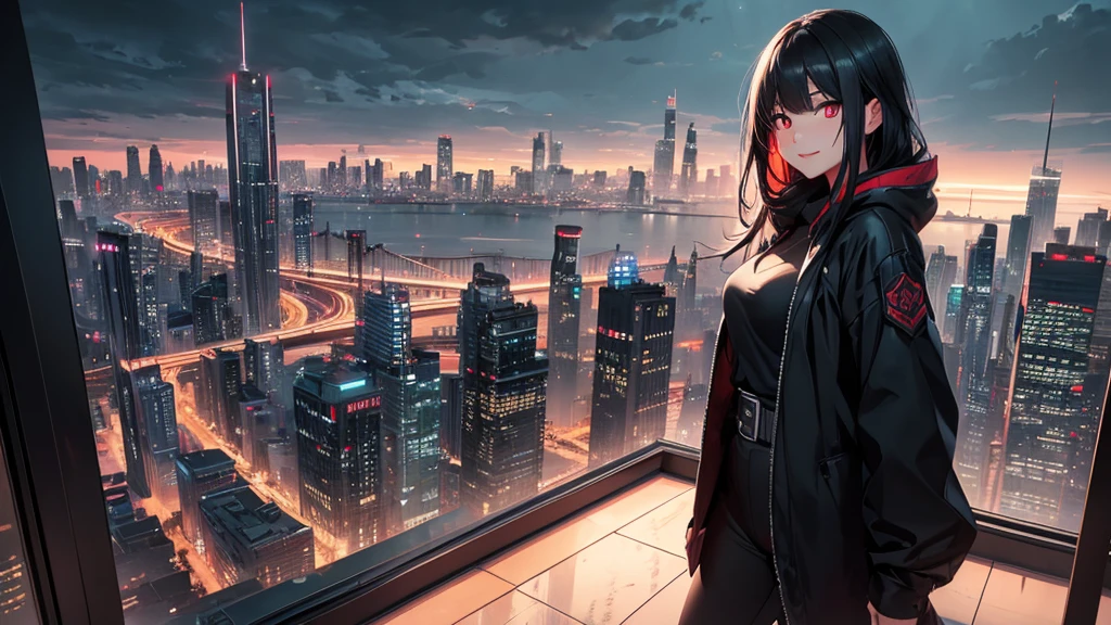 最high resolution,high resolution,Legendary Assassin, Beautiful Teenage Woman,Small breasts,black hooded coat , Grey Shirt,Black pants,Fearless smile, Red lips, Black Hair, Red eyes, realism, Night city view from the top of a skyscraper,Neon Town,Digital Painting, Concept Art, Smooth, Sharp focus, Three-part method, Style Psycho,Detailed Eyes,assassin&#39;s creed