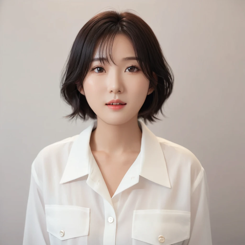 Best Quality, 8k, Masterpiece, (Portrait: 1.3), (photo realistic:1.4), (hyper realistic:1.4), Sharp Focus, looking at viewer, (smoother lighting:1.1), (increase cinematic lighting quality:0.9), realistic lighting, backlighting, light on face, ray trace, (brightening light:1.2), (Increase quality:1.4), sharp detail, (best quality real texture skin:1.4), finely detailed eyes, black_eyes, finely detailed face, 25 year old Korean woman, (white formal_shirt:1.4), (Create an image maintaining the original base model hairstyle:1.5)