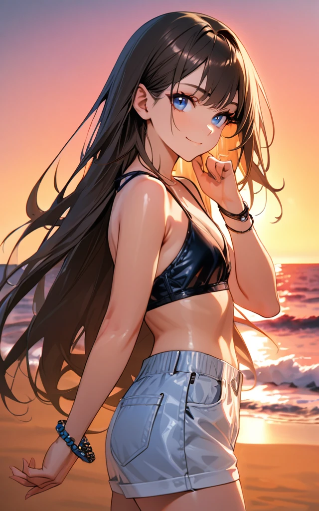 (masterpiece)、(absurdres)、(ultra detailed)、solo lady、dark blonde hair:1.2,(straight long hair)、BREAK、(shiny blue eyes:1.0)、BREAK、(athletic)、[flat chest]、(during:0.9)、(pierce:0.8)、(bracelet:0.7)、(Shorts and black bikini),cowboy shot,side view,sunset,beach、Raise your right hand to face height、smile,closed mouth,