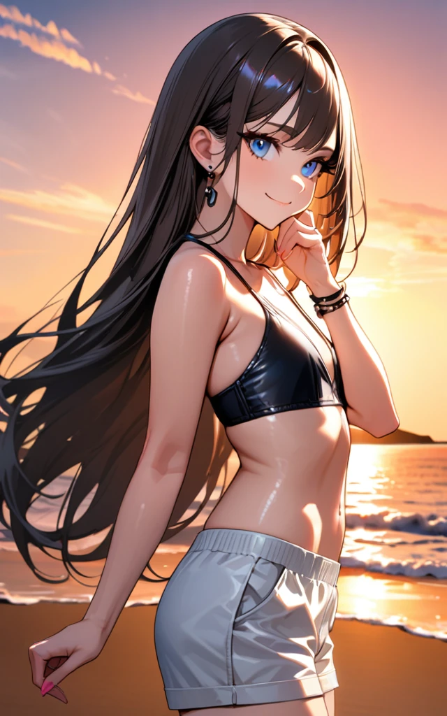 (masterpiece)、(absurdres)、(ultra detailed)、solo lady、dark blonde hair:1.2,(straight long hair)、BREAK、(shiny blue eyes:1.0)、BREAK、(athletic)、[flat chest]、(during:0.9)、(pierce:0.8)、(bracelet:0.7)、(Shorts and black bikini),cowboy shot,side view,sunset,beach、Raise your right hand to face height、smile,closed mouth,