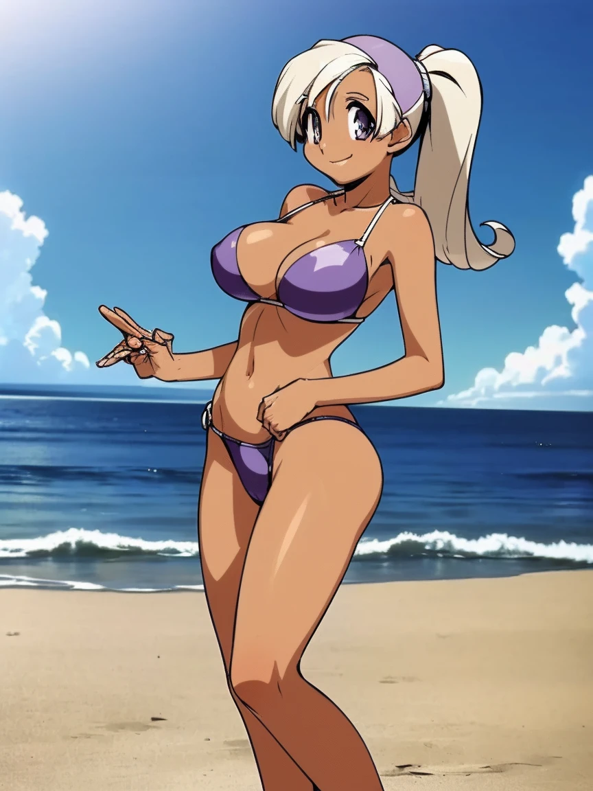 anime,anime style,high resolution、high quality、masterpiece、4k,8k,(bikini,large breasts),((ponytail,breast squeeze,(Hyuuga miki,Final Romance, Long hair, Blonde hair,((Brown skin)),purple hair band,purple eyes)),smile),(beach,sea,water)),full body