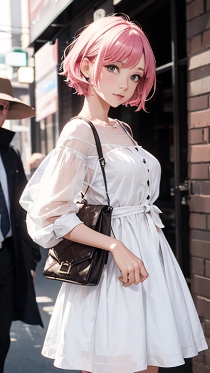 Alcanevi, A woman with medium-short pink hair wearing a white dress, Woman's face, Unreal Engine Character Art, Portraiture、posing