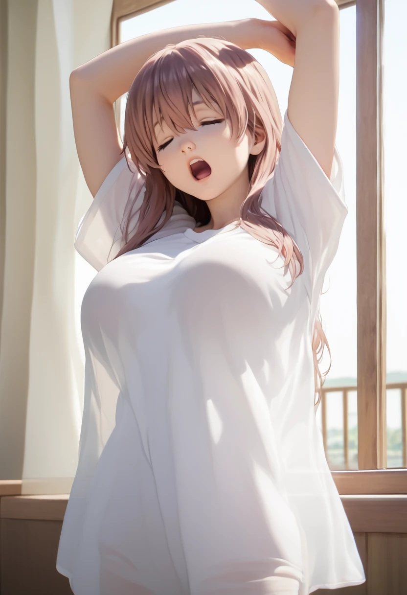 score_9,score_8_up,score_7_up,masterpiece,best quality, source anime, photorealistic, hyperrealistic, 8k,photo,raw,super detailed, extreme detailed, rating_explicit, 
1girl, standing, (arms up, Stretching), Yawning, covering mouth, thighs focus, cowboy shot, from below,
BREAK girl, shouko nishimiya, 18yo, long hair, pink brown hair, bangs between eyes, brown eyes, (large breasts:0.9),
shiny hair, beautiful detailed eyes, beautiful face,
white long shirt, see through, oversized clothes, (zettai ryouiki), bare thighs,
sleepy, (closed eyes:1.2), wide open mouth,
Apartment balcony, morning, sunlight,