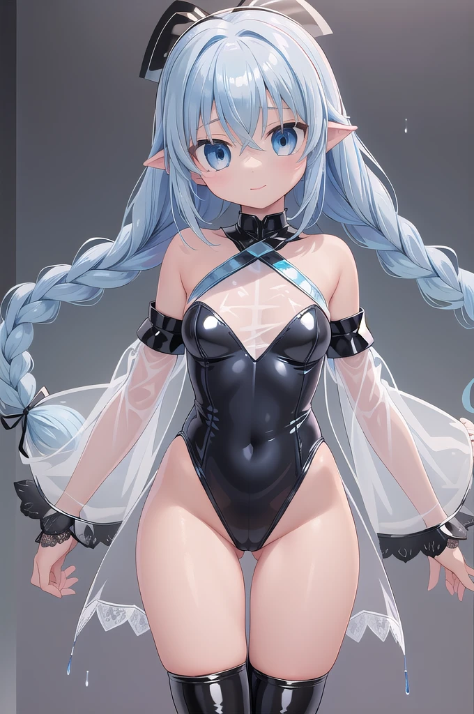 1girl,solo,cowboy shot,(standard height),standing,(blue hair:1.2),long hair,twin braids,ahoge,hair ribbon,(blue eyes:1.2),(beautiful fingers:1.2),(perfect anatomy:1.4),(arms_behind_back:1.4),(cold_shoulder:1.4),(pastel blue leather lace glossy silk lamé leotard:1.6),(latex luster shiny glossy metallic:1.4),(shiny_clothes:1.4),(medium breasts:1.4),(masterpiece:1.2),best quality,(Ultra high definition eyes:1.2),8k,(Beautiful detailed eyes:1.2),(Fine and beautiful eyes:1.2),(pretty eyes:1.2),finely detail,extremely CG, absurdres,high resolution,illustration,Detailed and beautiful outlines,finely detail,high resolution,(colorful refraction:1.4,Increase saturation:1.2),beautiful lighting,dynamic lighting,closed room,black background,simple background, smile,looking at viewer,roxy, white dress, neck ribbon, black ribbon, brown cape,(white Clear PVC sheets sleeves:1.4),(sheer sleeves:1.4),(see-through sleeves:1.4),(wide sleeves:1.2),(pastel blue thigh boots:1.2)