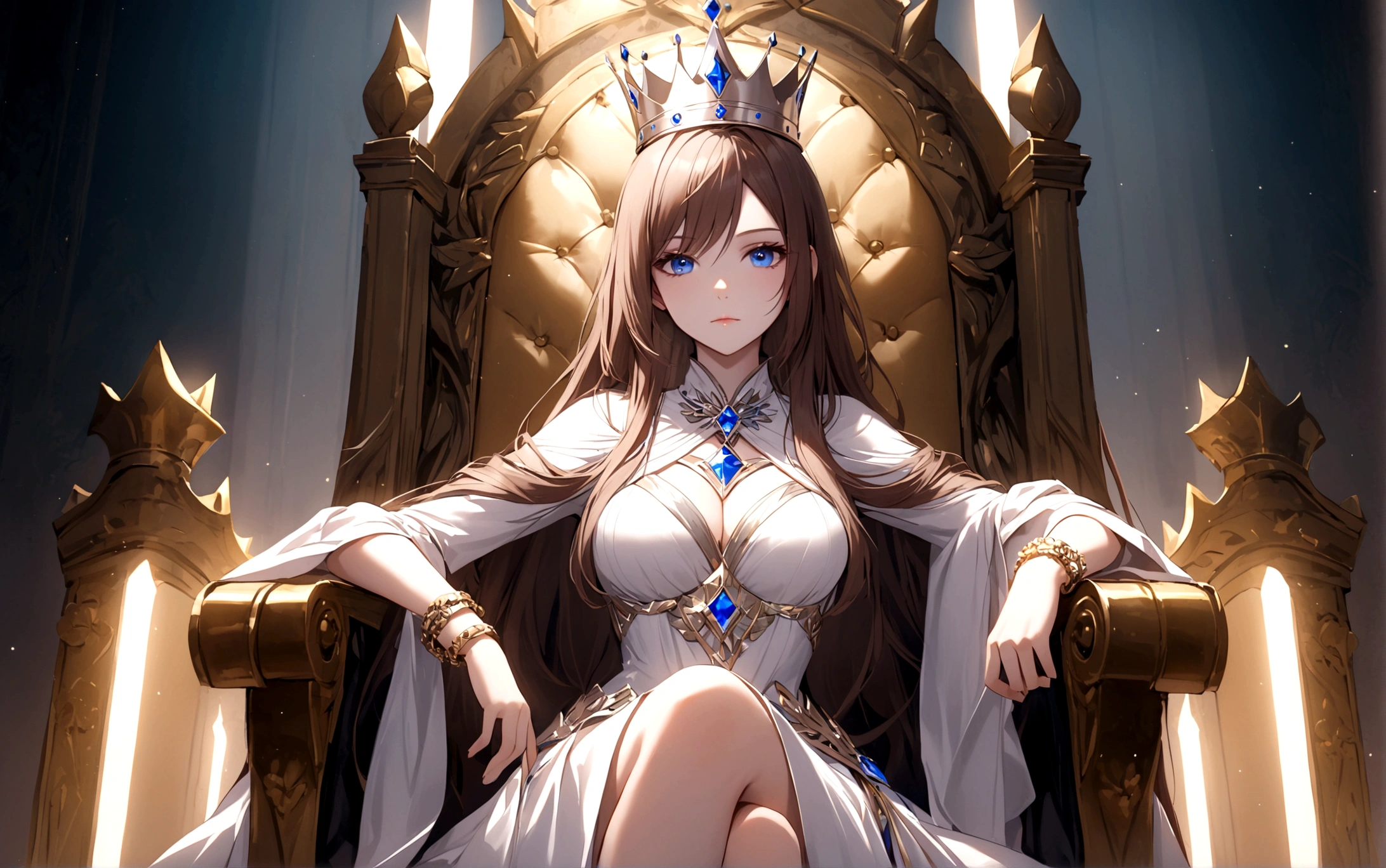 1girl, solo, long hair, breasts, looking at viewer, blue eyes, brown hair, dress, jewelry, sitting, closed mouth, white dress, bracelet, crown, throne