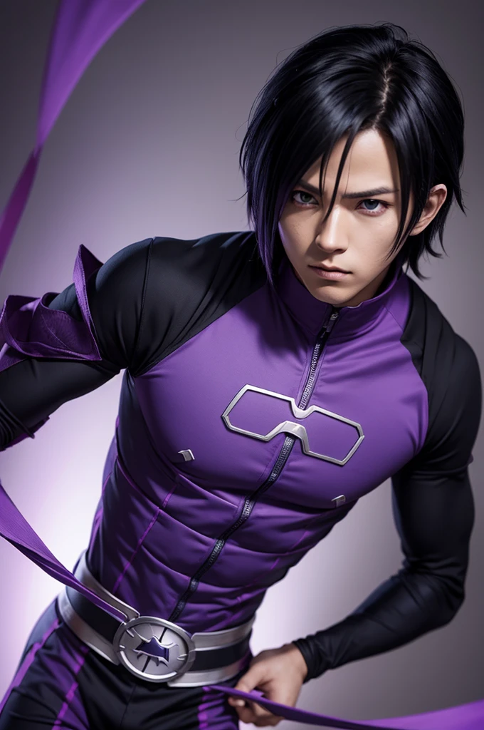 Sasuke Uchiha dressed in superhero costume, details in black and purple colors.