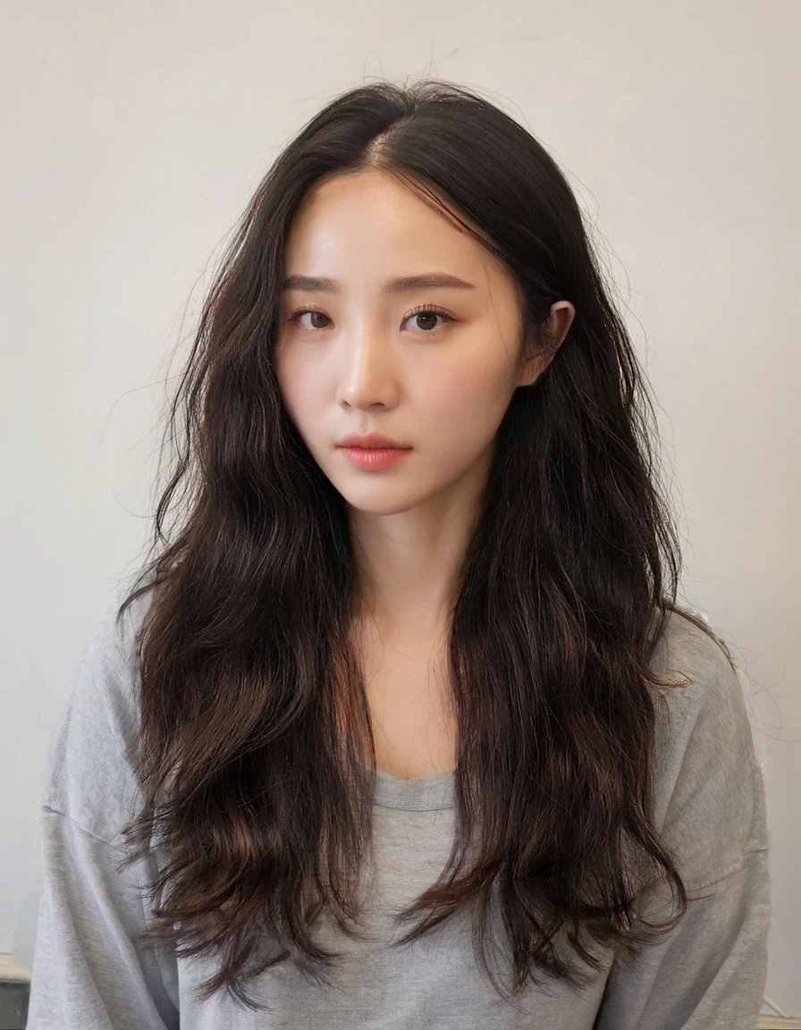 Best Quality, 8k, Masterpiece, (Portrait: 1.3), (photo realistic:1.4), (hyper realistic:1.4), Sharp Focus, looking at viewer, (smoother lighting:1.1), (increase cinematic lighting quality:0.9), realistic lighting, backlighting, light on face, ray trace, (brightening light:1.2), (Increase quality:1.4), sharp detail, (best quality real texture skin:1.4), finely detailed eyes, black_eyes, finely detailed face, 25 year old Korean woman, (gray t_shirt:1.4), (Create an image maintaining the original base model hairstyle:1.5)