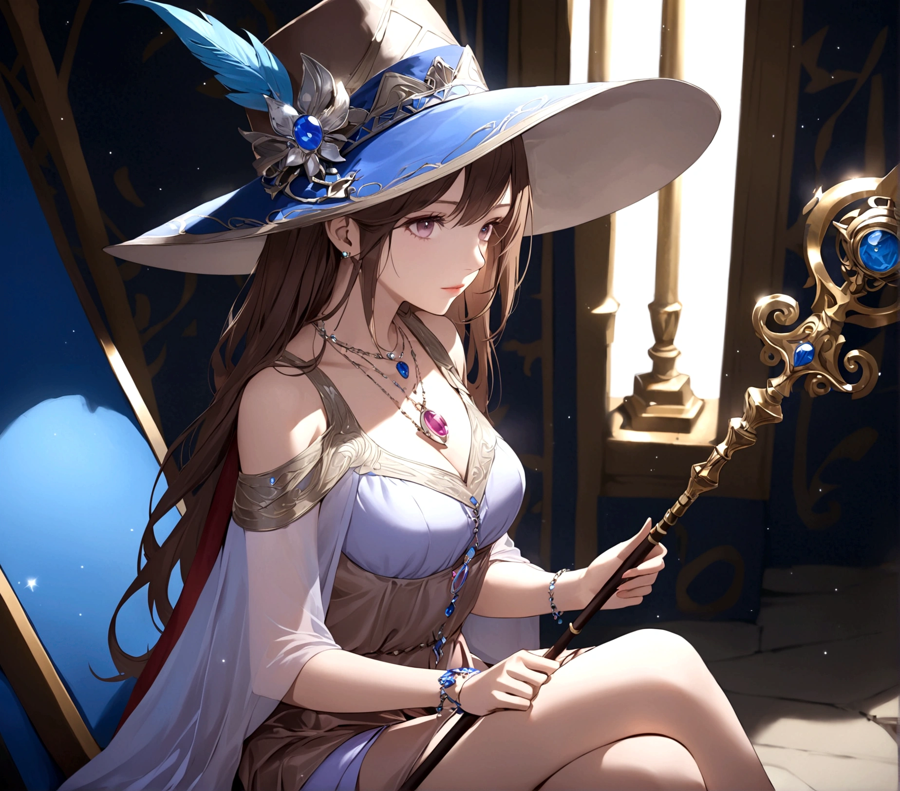 1girl, solo, long hair, breasts, brown hair, hat, dress, holding, jewelry, medium breasts, sitting, necklace, polearm, staff, holding staff