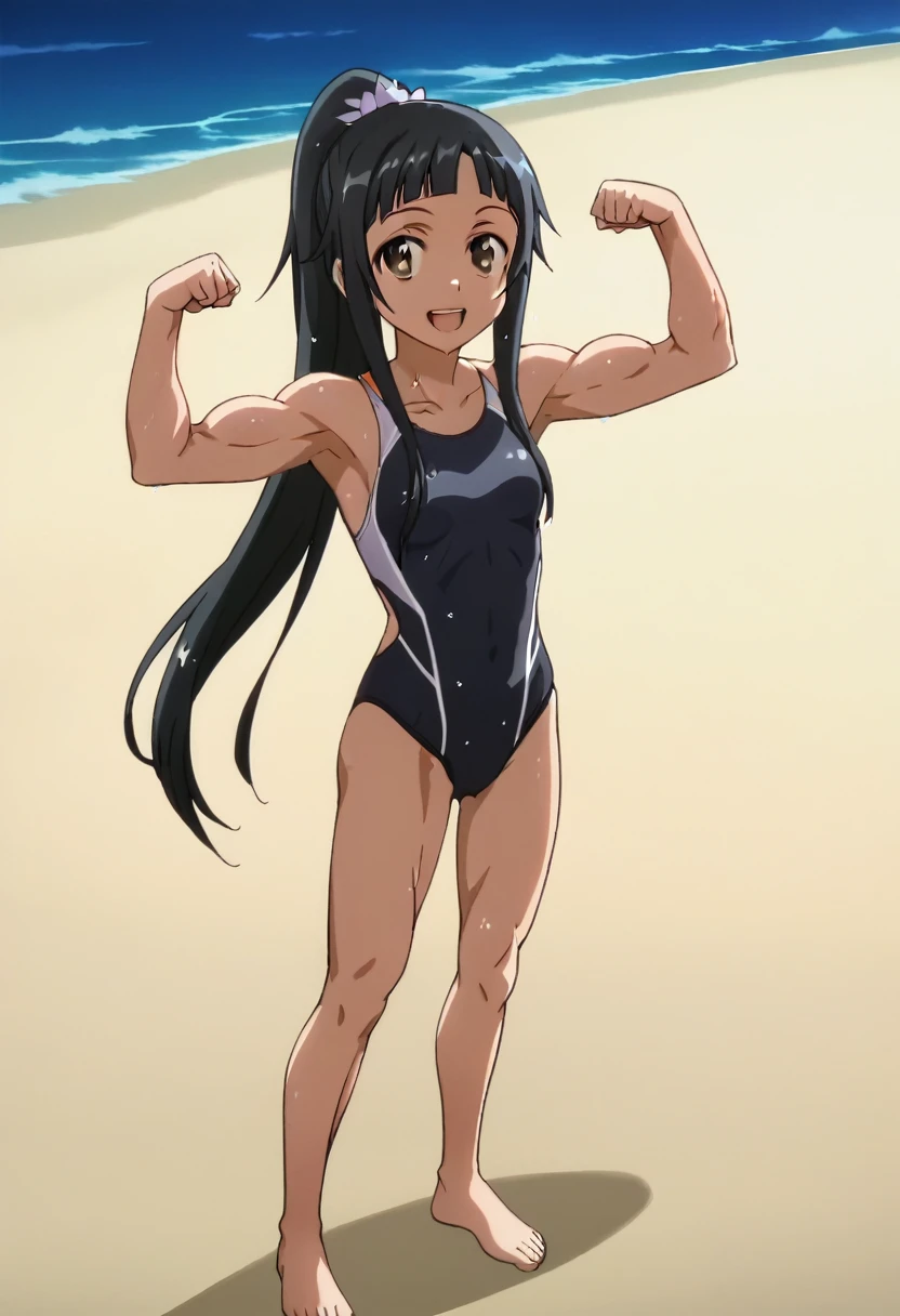 sword art online, yui, long hair, bangs, black hair, hair ornament, very long hair, high ponytail, blunt bangs, hime cut, brown eyes, masterpiece, best quality, anime screencap, tsuchimiya, competition swimsuit, black swimsuit, barefoot, bare legs, 1girl, solo, night, ocean, smile, open mouth, upper teeth only, round teeth, black one-piece swimsuit, full body, wet, high saturation, high contrast, outdoor, concept, bodybuilder, muscular female, alternate muscle size, muscle, flexing, standing