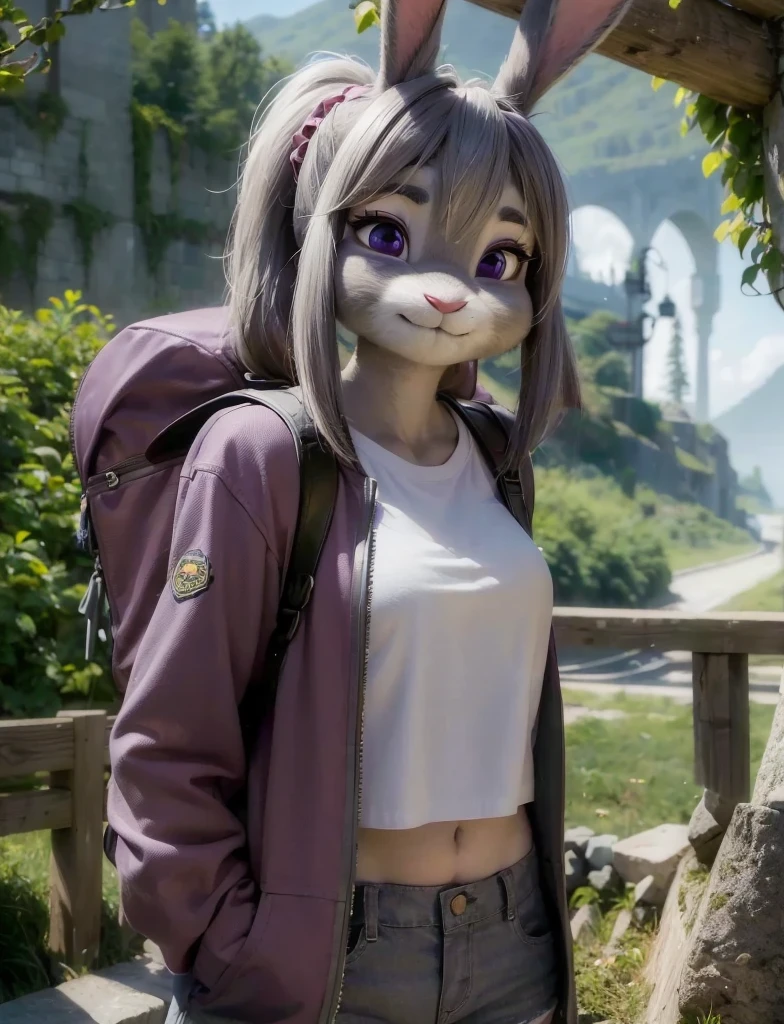 Highest quality,
masterpiece,
Ultra-realistic,
Super detailed,
Beautiful details,
4K,8K,upper,
pixar,
Photo realistic,
Medium Shot,
Background is ((Magnificent mountain)),
Realistic lighting,
hiking woman,
((Anthropomorphic rabbit)),
Detailed animals,
Complex patterns,
(Furry:1.35),
(All skin is grey:1.3),
(The body is fluffy and bushy:1.3),
Realistic fur,
Human hand,
(Judy Hopps face:1.35),
((ponytail hair)),
((side part bangs)), bangs,
((dark gray hair color)),
Purple eyes,
{Eye highlights, Clear eyes, Eyes sparkling, Large, round pupils},
Detailed Iris,
(Eyebrows raised:1.2),
(Crescent eyebrows:1.3),
(Bunny ears:1.3),
Smiling happily,
raised corners of mouth,
The woman is wearing T-shirt over the check shirt and shorts,
((White T-shirt)) BREAK ((gingham check shirt)) BREAK ((wine red Trekking Shorts)),
carry a backpack, rucksack,
(alone:1.5),
(1 Female:1.5),
Only 1 character,
Perfect Anatomy,
Lighting forward,
Lighting front,
sunlight,
Intricate details,
Ray Tracing,
Realistic,