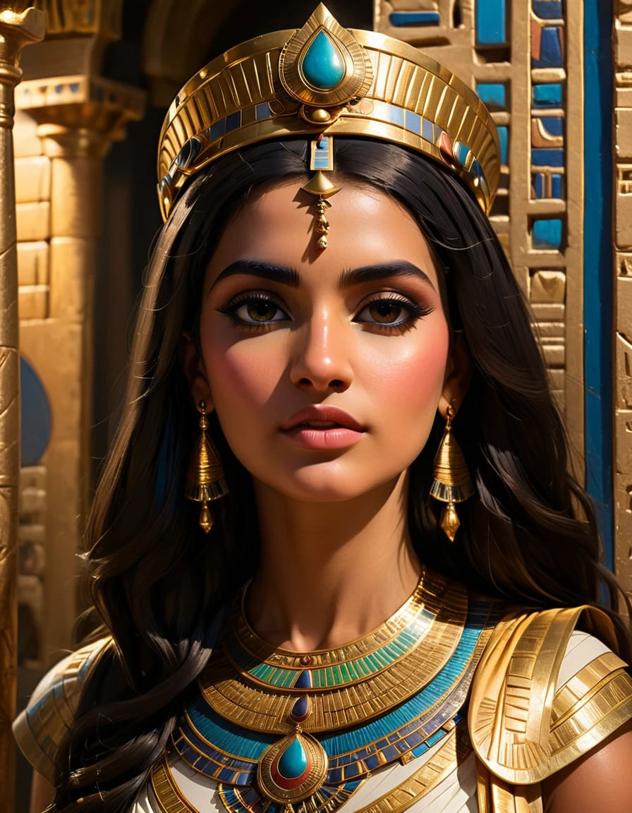(half length portrait:1.4), low angle, cleopatra, a beautiful woman with long dark hair, detailed face, deep eyes, full lips, wearing a golden crown, in a lavish ancient Egyptian palace interior, dramatic lighting, ornate columns, rich fabrics, (best quality,4k,8k,highres,masterpiece:1.2),ultra-detailed,(realistic,photorealistic,photo-realistic:1.37),intricate details,cinematic lighting,chiaroscuro,dramatic shadows,warm color palette,dramatic poses, beautiful egyptian queen,regal,elegant,majestic
