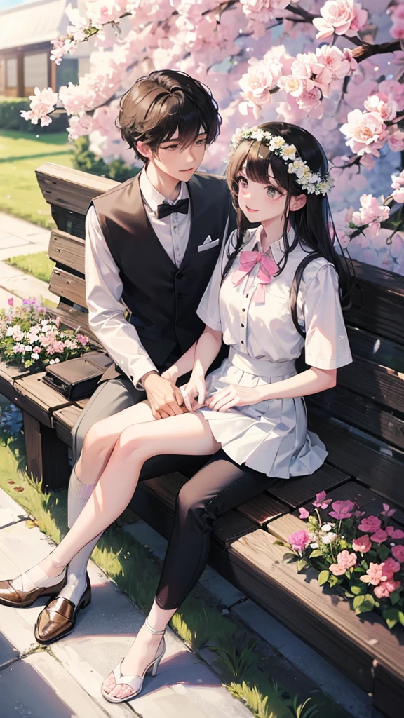 this is a picture of a couple that are sitting sitting next to each other, shirt, 1girl, black hair, smile, sitting, white shirt, flower, outdoors, pink skirt, looking at another, pants, white flower, 2boys, skirt, day, long hair, head wreath, collared shirt, vest