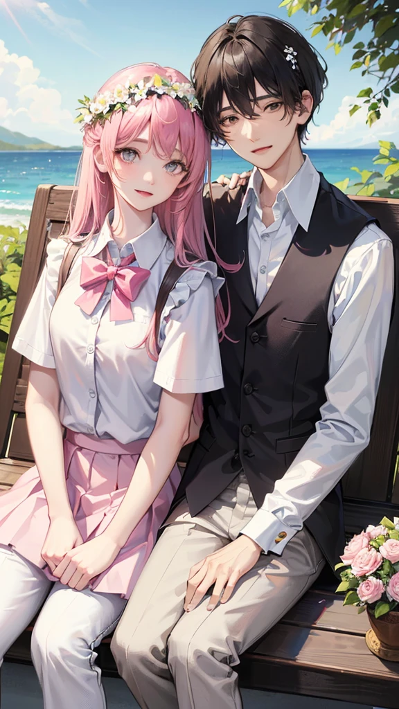 this is a picture of a couple that are sitting sitting next to each other, shirt, 1girl, black hair, smile, sitting, white shirt, flower, outdoors, pink skirt, looking at another, pants, white flower, 2boys, skirt, day, long hair, head wreath, collared shirt, vest