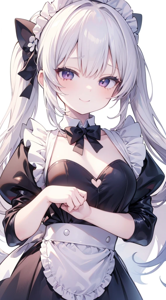 Masterpiece, Top Quality Anime Illustration, Super Detail, One Girl, Solo, Beautiful Girl with Silver Hair, Anime , maid dress,Smile,(white background),((masterpiece)),long hair,((charming))、happy smile、perfect proportions, cute woman, baby face, BREAK source_anime, high detail, looking at viewer,POV, large chest, best quality, highly detailed, young face,Droopy eyes,relaxed face,
