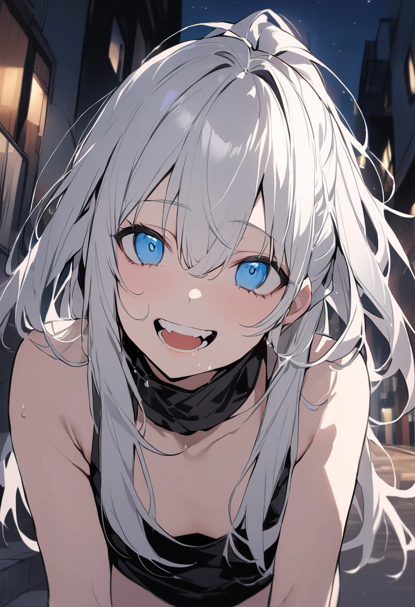 (masterpiece:1.2)、Highest quality、PIXIV、Rebellious girl、One girl、Open your mouth、鋭いteeth、teeth、Long Hair、Street background、Bright blue eyes、Upper Body、smile、Focus on the viewer、Chest in the center、Shoulder Bare、Belly button、Black and white hair color,leaning forward,Night view,Black and Whiteグレーの服装,Overflowing drool、saliva、White Breath、Sigh,Pull your mouth with your fingers、An excited look、Long, narrow eyes,fallatio,Black and White
