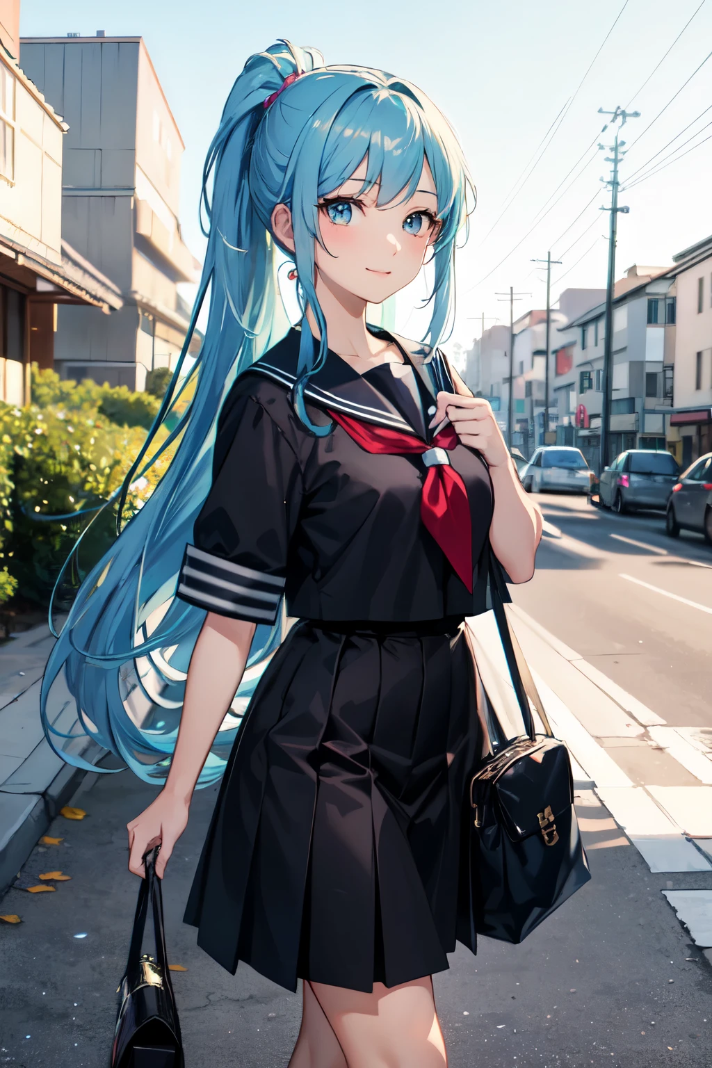 ((best quality)), ((masterpiece)), (detailed), 1girl, ((best quality)), ((masterpiece)), (detailed), A cheerful anime girl with long, flowing blue hair styled in a ponytail is walking home from school. She wears a sailor uniform.