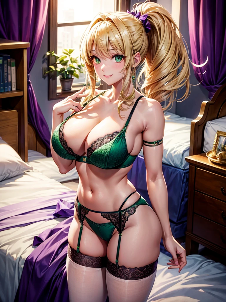 Highest quality,Highest Resolution,1Beautiful girl with a smile,whole body,look up,looking at the camera,Large emerald green eyes,ponytail,Blonde,Red eyes,In underwear,purple bra,Purple underwear,High leg,purple garter belt,Purple knee-high stockings,Dark bedroom,Standing posture,