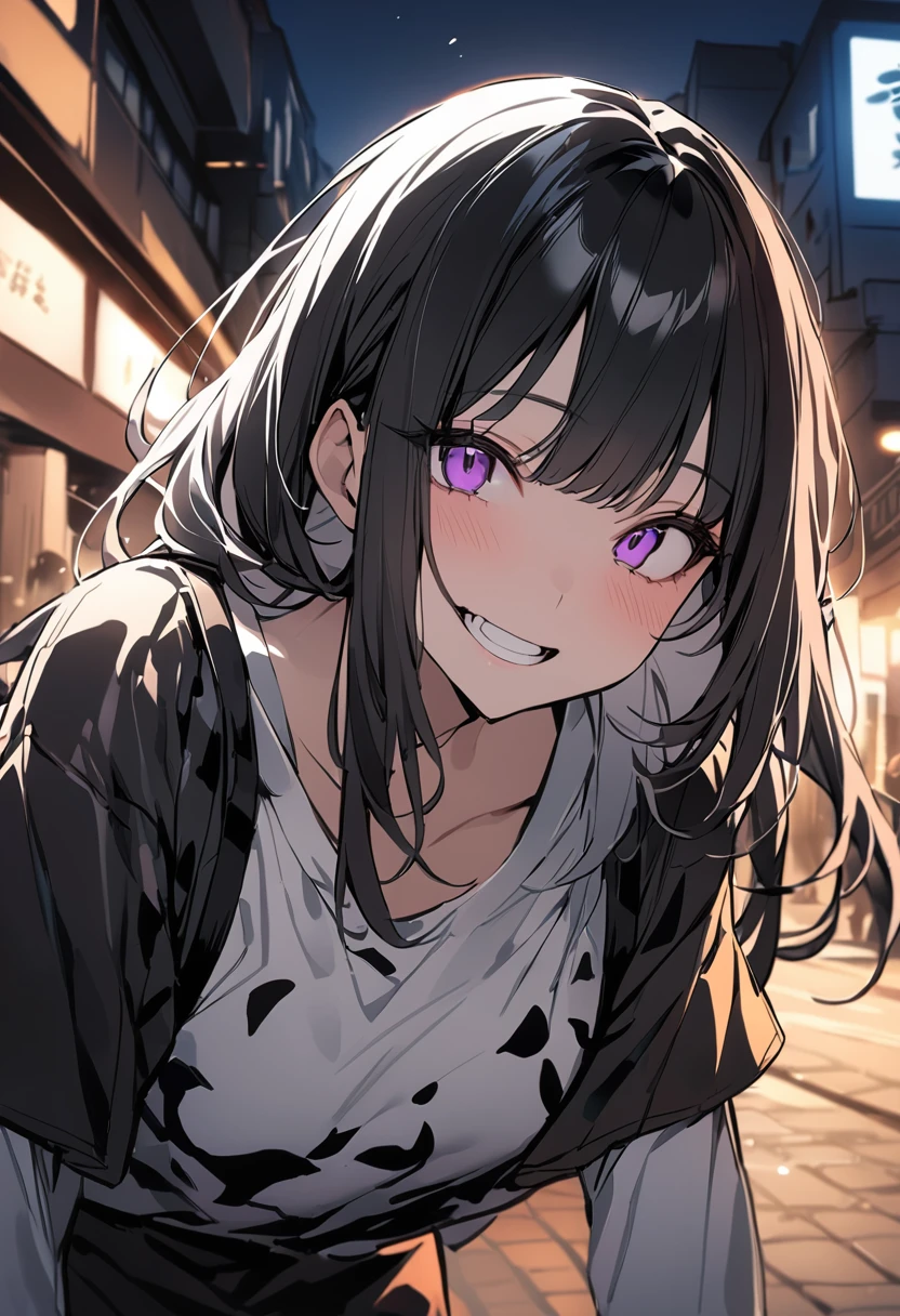 (masterpiece:1.2)、Highest quality、PIXIV、Rebellious girl、One girl、Open your mouth、鋭いteeth、teeth、Long Hair、Street background、Bright purple eyes、eyelash、Upper Body、Characters in clothes、smile、Focus on the viewer、Chest in the center、Black and white hair color,leaning forward,Night view,Black and Whiteグレーの服装,Overflowing drool、saliva、White Breath、Sigh、An excited look、Long, narrow eyes,fallatio、Black and White、Pull your mouth with your fingers