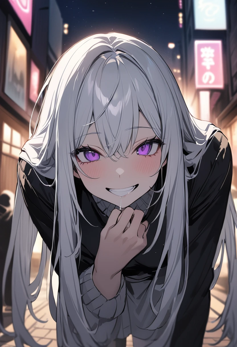 (masterpiece:1.2)、Highest quality、PIXIV、Rebellious girl、One girl、Open your mouth、鋭いteeth、teeth、Long Hair、Street background、Bright purple eyes、eyelash、Upper Body、Characters in clothes、smile、Focus on the viewer、Chest in the center、Black and white hair color,leaning forward,Night view,Black and Whiteグレーの服装,Overflowing drool、saliva、White Breath、Sigh、An excited look、Long, narrow eyes,fallatio、Black and White、Pull your mouth with your fingers