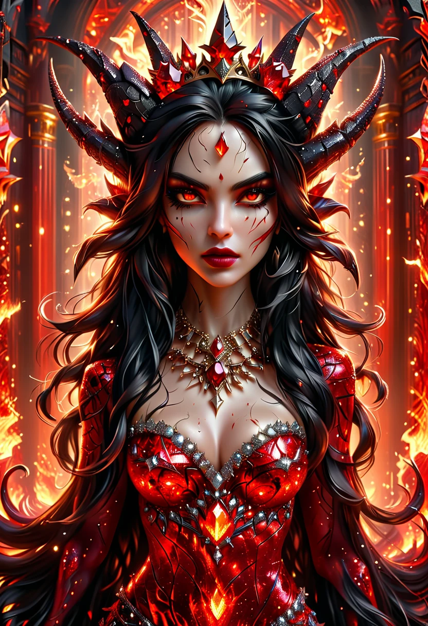 Arafed a dark glamour picture of the queen of demons in the halls of hell, full body shot, a demons queen magnificent and full of awe, black hair, long hair, flowing hair, bold intense eyes, extremely exquisite beautiful queen, perfect body, (anatomically correct: 1.3), ultra feminine, ultra detailed face, black lips, fiery glowing eyes, (demonic horns from head: 1.1) , (red skin: 1.3), dynamic angle, there is (golden crown on her head: 1.1), studded with diamonds and rubies, the hall of the queen of hell background, (masterpiece: 1.4) intense details, highly detailed, photorealistic, best quality, highres,16k, [ultra detailed], masterpiece, best quality, (extremely detailed), close up, ultra wide shot, photorealistic, RAW, fantasy art, dnd art, fantasy art, realistic art,((best quality)), ((masterpiece)), (detailed: 1.5) faize, intense gaze, ral-ntrgmstn, RedGlitter