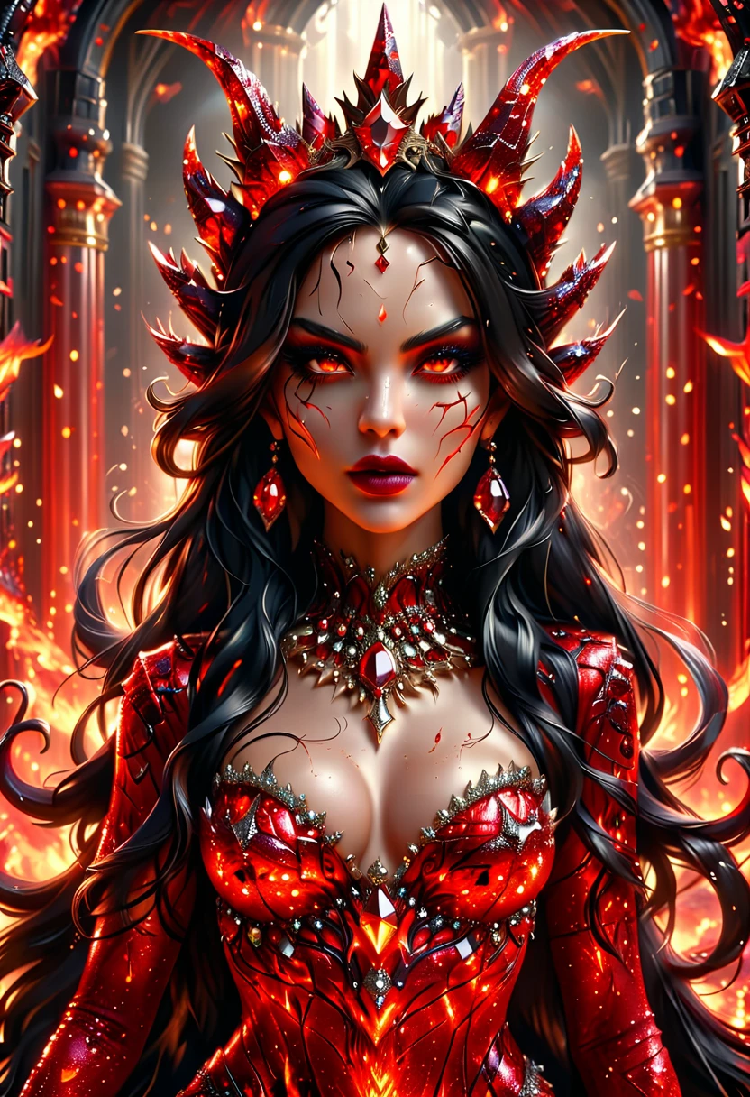 Arafed a dark glamour picture of the queen of demons in the halls of hell, full body shot, a demons queen magnificent and full of awe, black hair, long hair, flowing hair, bold intense eyes, extremely exquisite beautiful queen, perfect body, (anatomically correct: 1.3), ultra feminine, ultra detailed face, black lips, fiery glowing eyes, (demonic horns from head: 1.1) , (red skin: 1.3), dynamic angle, there is (golden crown on her head: 1.1), studded with diamonds and rubies, the hall of the queen of hell background, (masterpiece: 1.4) intense details, highly detailed, photorealistic, best quality, highres,16k, [ultra detailed], masterpiece, best quality, (extremely detailed), close up, ultra wide shot, photorealistic, RAW, fantasy art, dnd art, fantasy art, realistic art,((best quality)), ((masterpiece)), (detailed: 1.5) faize, intense gaze, ral-ntrgmstn, RedGlitter