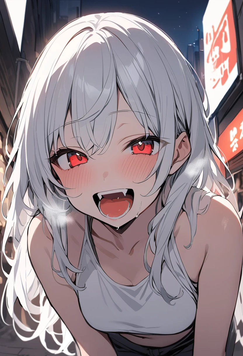 (masterpiece:1.2)、Highest quality、PIXIV、Rebellious girl、One girl、Open your mouth、鋭いteeth、teeth、Long Hair、Street background、Bright red eyes、Upper Body、smile、Focus on the viewer、Chest in the center、Shoulder Bare、Belly button、Black and white hair color,leaning forward,Night view,Black and Whiteグレーの服装,Overflowing drool、saliva、White Breath、Sigh,Pull your mouth with your fingers、An excited look,fallatio,Black and White