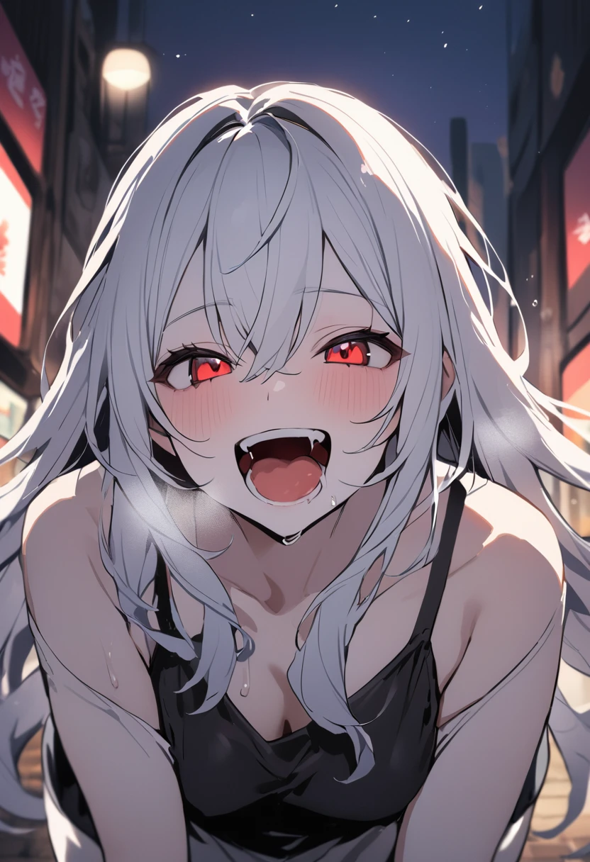 (masterpiece:1.2)、Highest quality、PIXIV、Rebellious girl、One girl、Open your mouth、鋭いteeth、teeth、Long Hair、Street background、Bright red eyes、Upper Body、smile、Focus on the viewer、Chest in the center、Shoulder Bare、Belly button、Black and white hair color,leaning forward,Night view,Black and Whiteグレーの服装,Overflowing drool、saliva、White Breath、Sigh,Pull your mouth with your fingers、An excited look,fallatio,Black and White