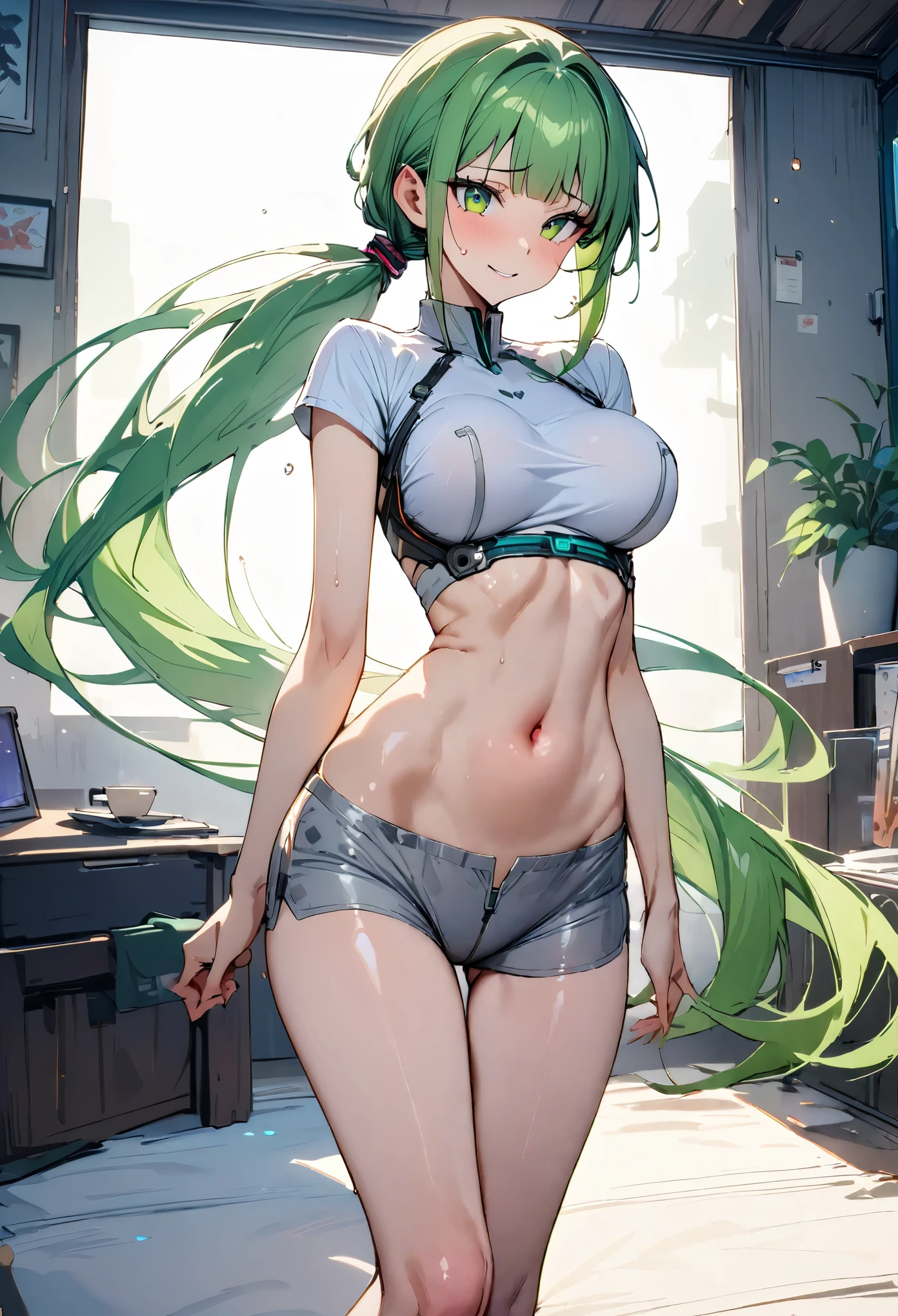 ((masterpiece,Highest quality:1.3)),1woman,30 year old beauty,独奏,((very small head:1.3)),green hair,(low ponytail),long hair,bangs,green eyes,gorgeous eyes,shy,smile,medium breasts,((very long body:1.2)),((toned body,slender body,skinny)),gleaming skin,shiny skin,(White tight T-shirt、navel、Grey wet shorts)、barefoot、standing,Simple bedroom、cyber punk、World of Blade Runner、