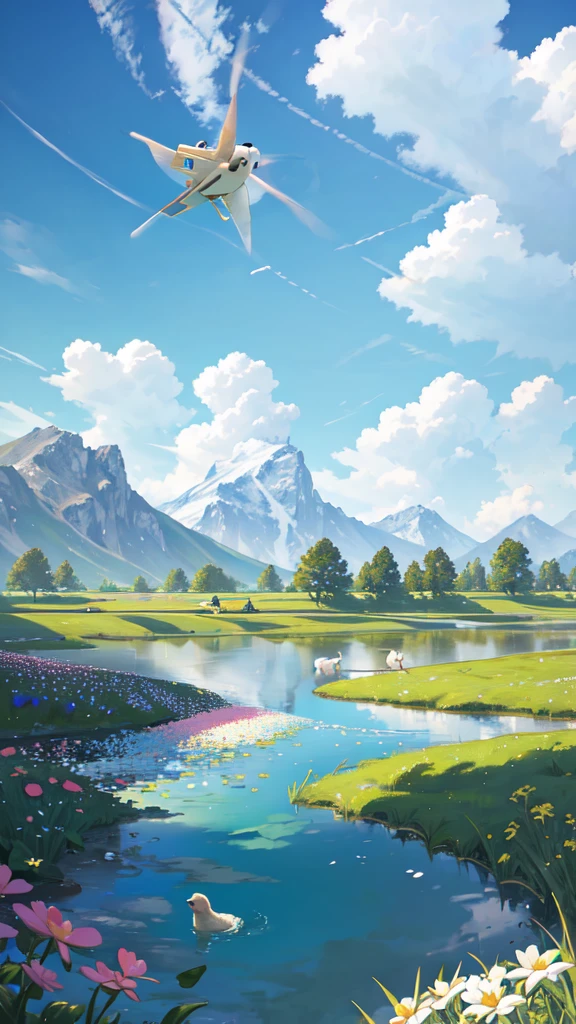 Summer, meadows, a few small flowers, clear lakes, sheep, heaven, large clouds, blue sky, hot weather, HD detail, hyper-detail, cinematic, surrealism, soft light, deep field focus bokeh, distant vistas are snowy mountains, ray tracing, and surrealism. --v6