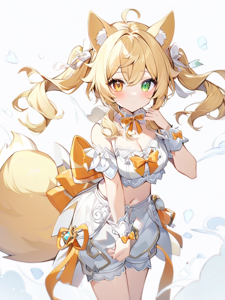 1girl, animal ears, bangs, bare shoulders, blonde hair, blush, bow, breasts, white cleavage, cropped torso, , green eyes, hair ribbon, heterochromia, stlooking at viewer, , orange bow, orange eyes, orange ribbon, ears like an unearthly animal, fluffy tail, light tail, real tail, ribbon, solo, stuffed animal, stuffed bunny, stuffed toy, twintails, upper body, full-length, white legbands, white shoes with lace and white bows, white background, wrist cuffs, yellow eyes, bloomers, close-up, fair skin frills, lace, midriff, skirt, solo, , white background,shorts, white top with ribbon and lace and trousers,trousers, genshin,white slippers with a bow,All clothes are white, laceAt full height, it stands, в полный рост