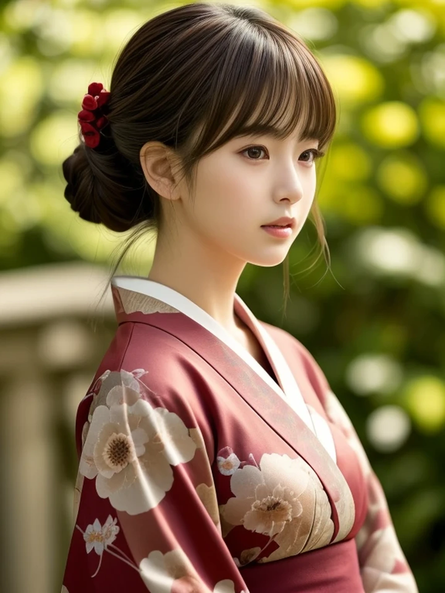 1 Japanese girl, (looking away:1.4), (upper body shot:1.2), Beautifully detailed eyeballs, catchlight in the eyes, Realistic digital painting of a woman portrait, Shy, Cute, open mouth to say something, happy, brown eyes, (half updo,:1.1), (light brown brunette hair:1.3), (Highly detailed skin:1.2), Mystical style, Global Illumination, Traditional Japanese floral printed Kimono, A silk kimono with a deep red base. shrine