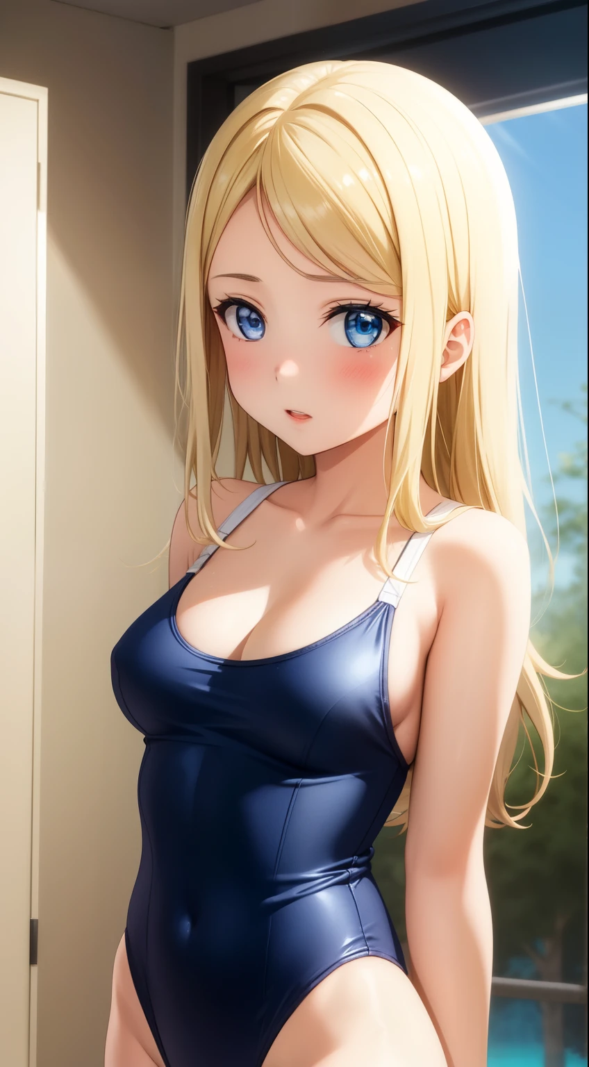 masterpiece, best quality, highly detailed, ultra high res, ayase arisa, 1girl, solo, perfect body, blue eyes, hair ornament, blonde hair, long hair, glossy lips, swimsuit, school, standing, medium breasts, collarbone